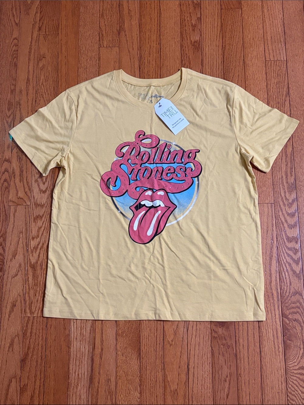the Rolling Stones Yellow Tee with Pink & Blue Graphic